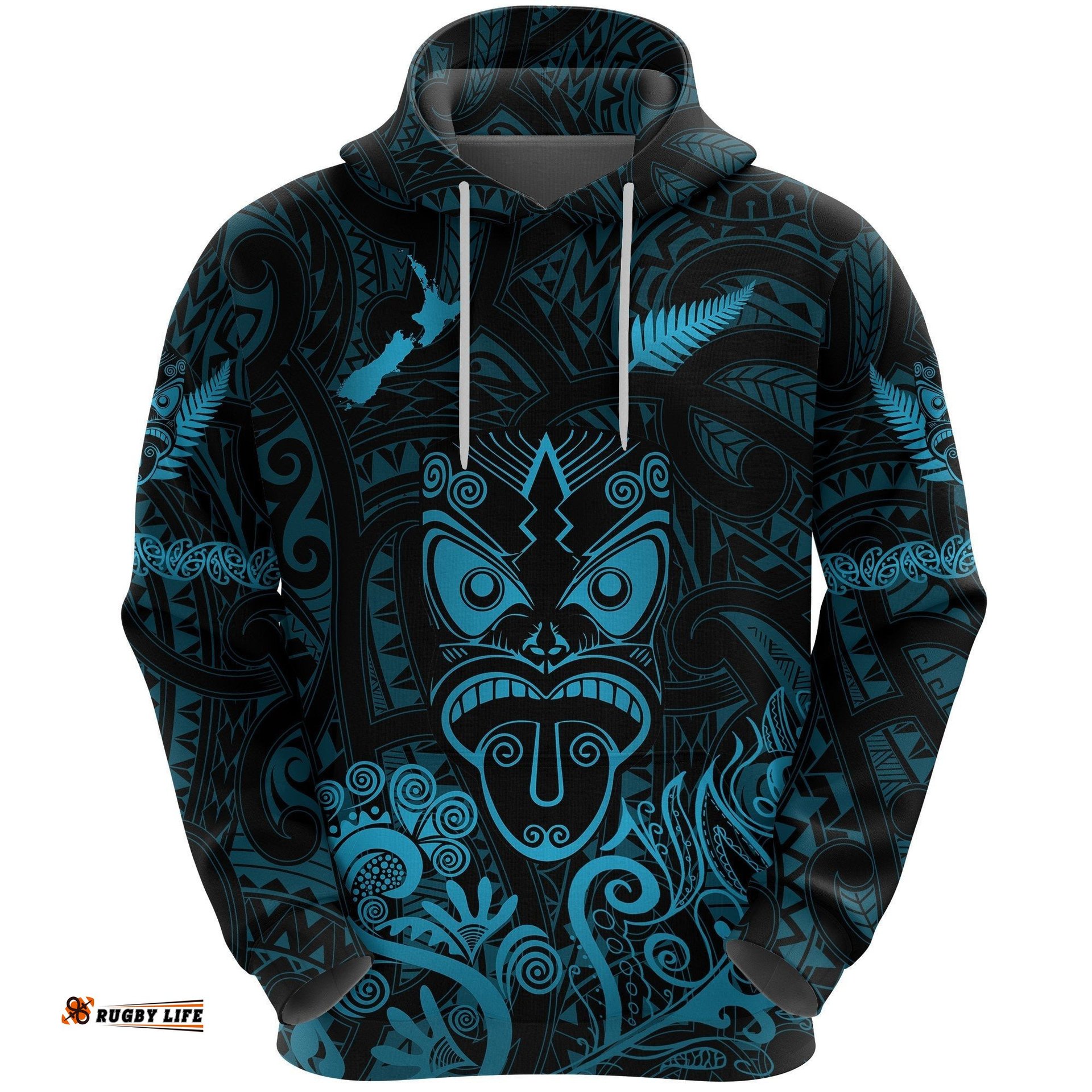Maori Aotearoa Rugby Haka Hoodie New Zealand Silver Fern Turquoise