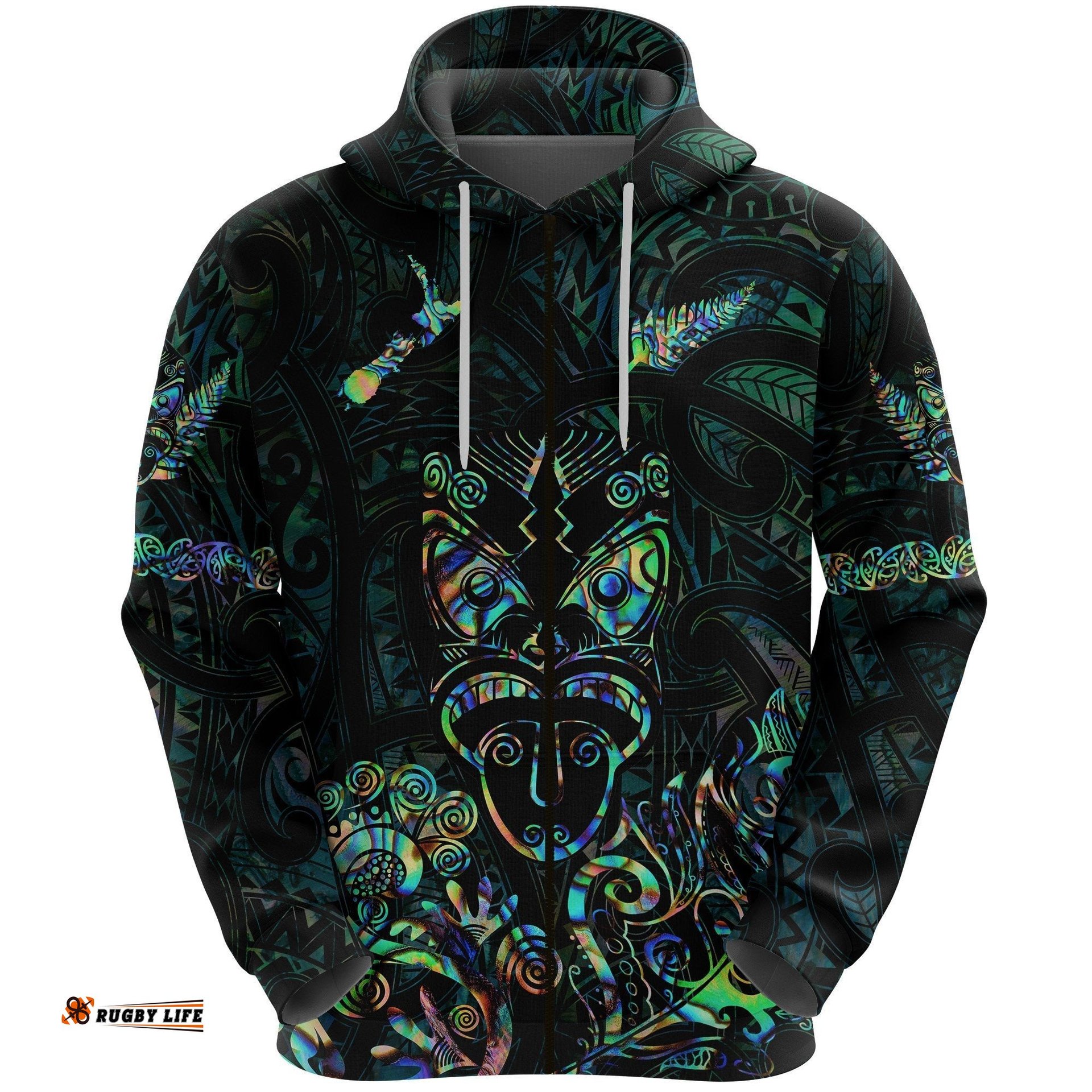 Maori Aotearoa Rugby Haka Zip Hoodie New Zealand Silver Fern Paua Shell