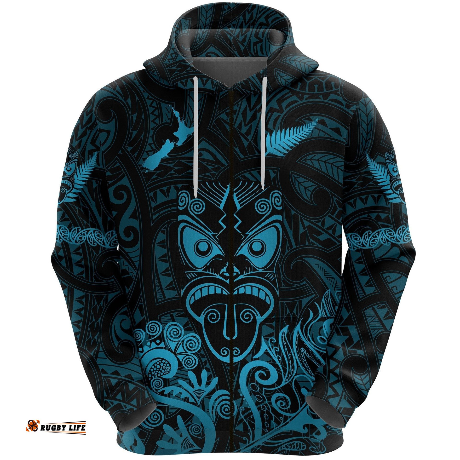 Maori Aotearoa Rugby Haka Zip Hoodie New Zealand Silver Fern Turquoise