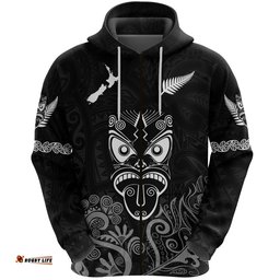 Maori Aotearoa Rugby Haka Zip Hoodie New Zealand Silver Fern Black