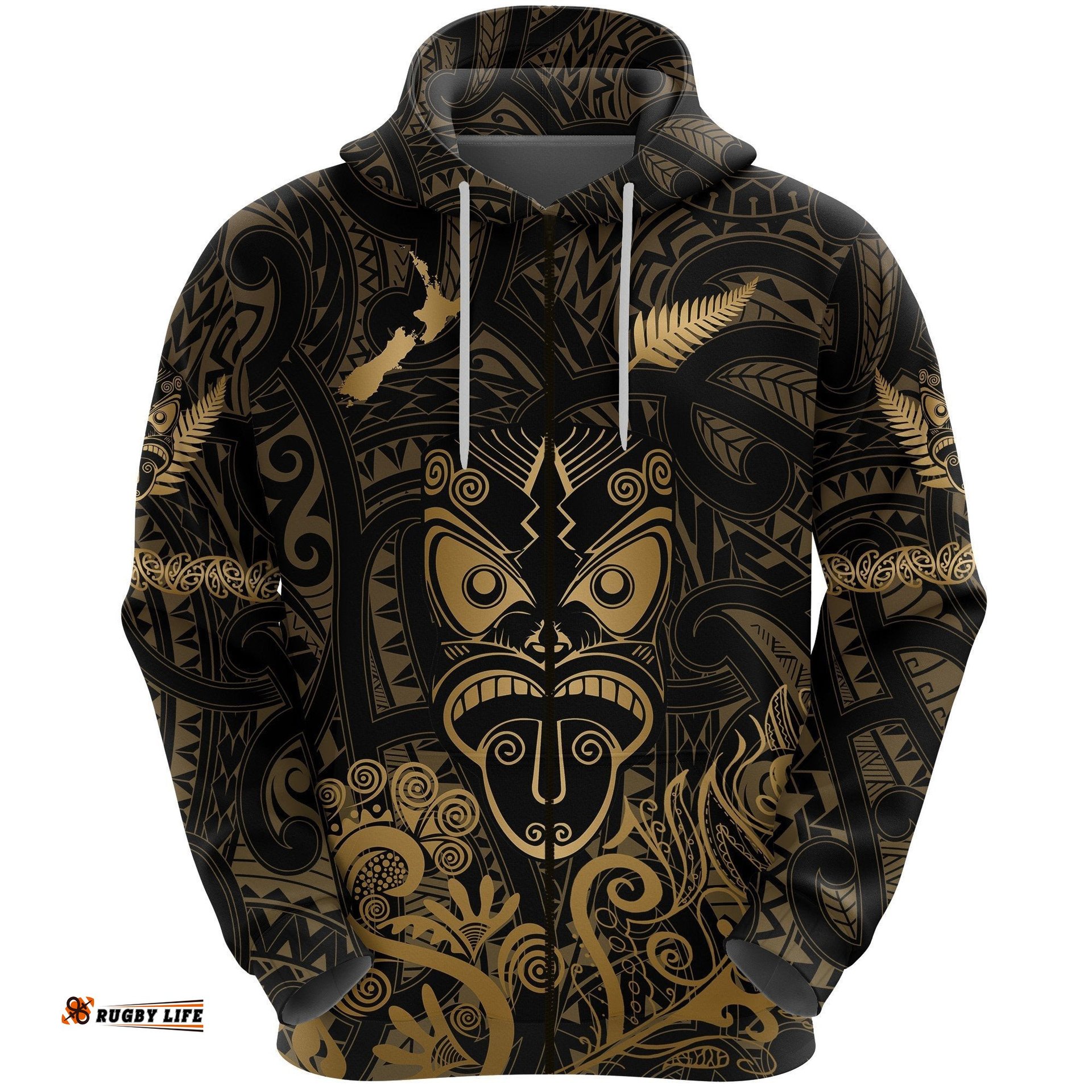 Maori Aotearoa Rugby Haka Zip Hoodie New Zealand Silver Fern Gold