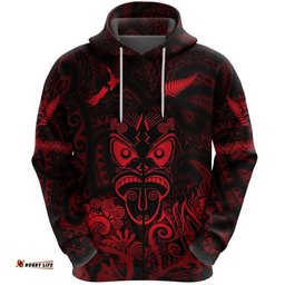 Maori Aotearoa Rugby Haka Zip Hoodie New Zealand Silver Fern Red