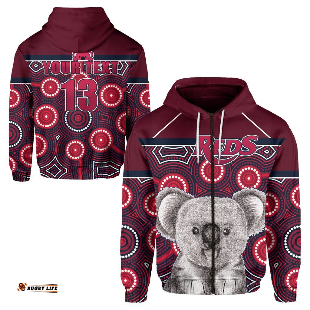 Custom Personalised Reds Rugby Australian Zip Hoodie Simple Indigenous Queensland Custom Text and Number