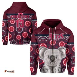 Custom Personalised Reds Rugby Australian Zip Hoodie Simple Indigenous Queensland Custom Text and Number