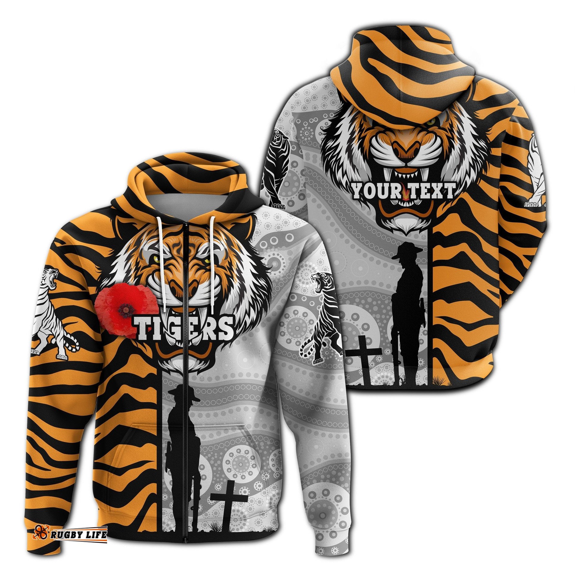 Custom Personalised Tigers Zip Hoodie Wests ANZAC Day Tiger Skin Style