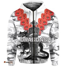 Custom Personalised St. George Illawarra Dragons Zip Hoodie ANZAC Day Army Patterns White