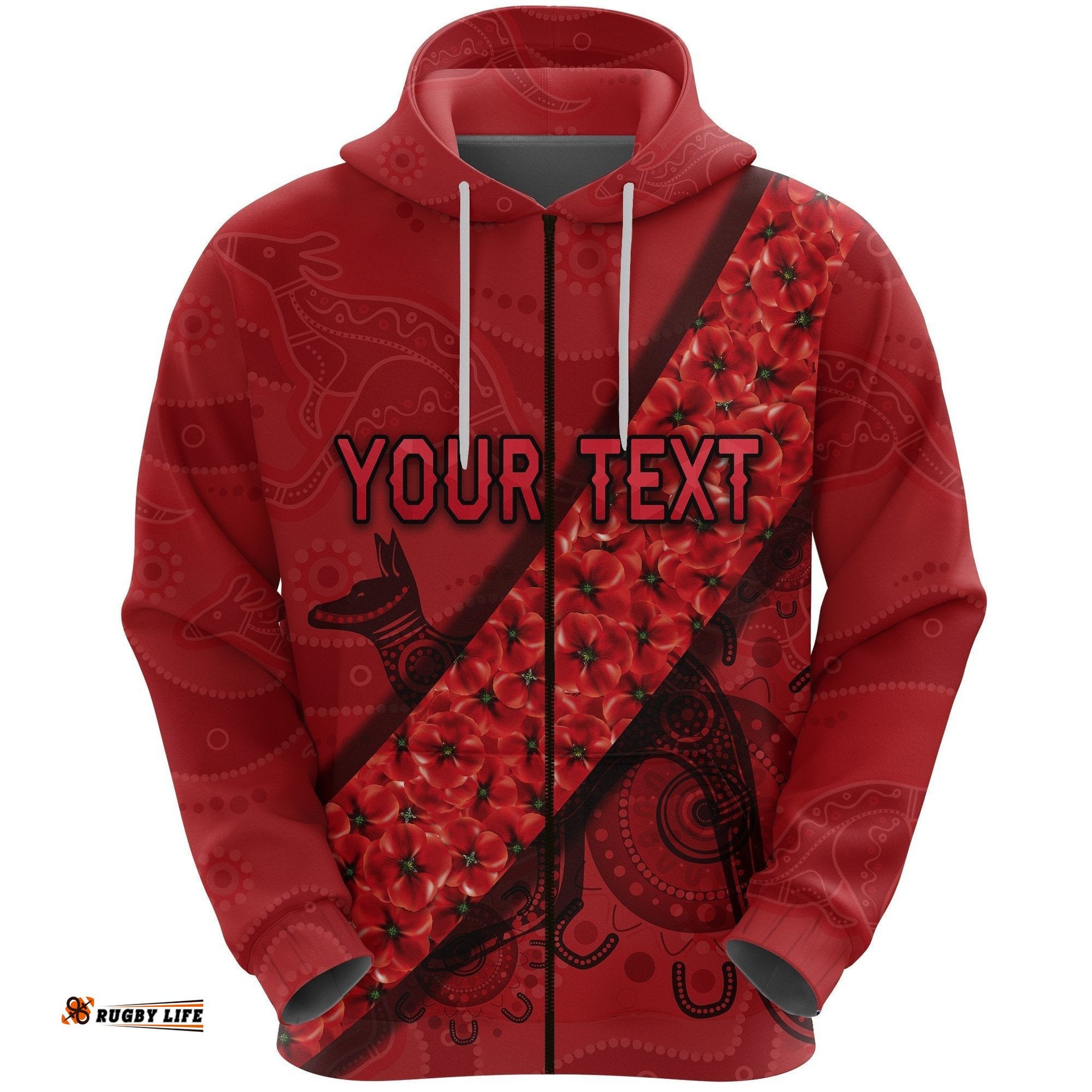 Custom Personalised Essendon Bombers Zip Hoodie ANZAC Day Indigenous Red