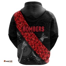 Custom Personalised Essendon Bombers Zip Hoodie ANZAC Day Indigenous Black