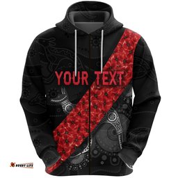 Custom Personalised Essendon Bombers Zip Hoodie ANZAC Day Indigenous Black