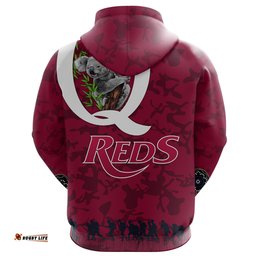 Queensland Reds Rugby Zip Up Hoodie Koala ANZAC Day