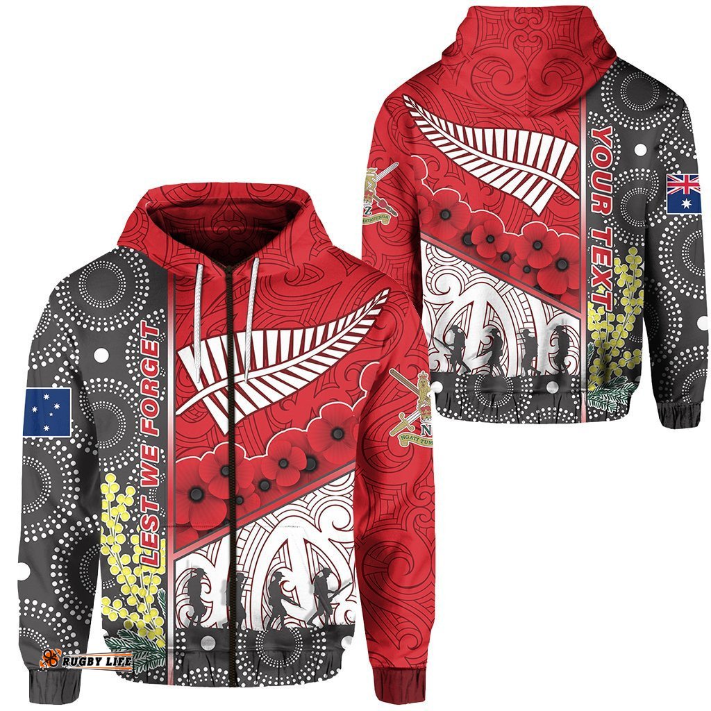 Custom Personalised ANZAC Day Lest We Forget Zip Hoodie Australia Indigenous and New Zealand Maori Red