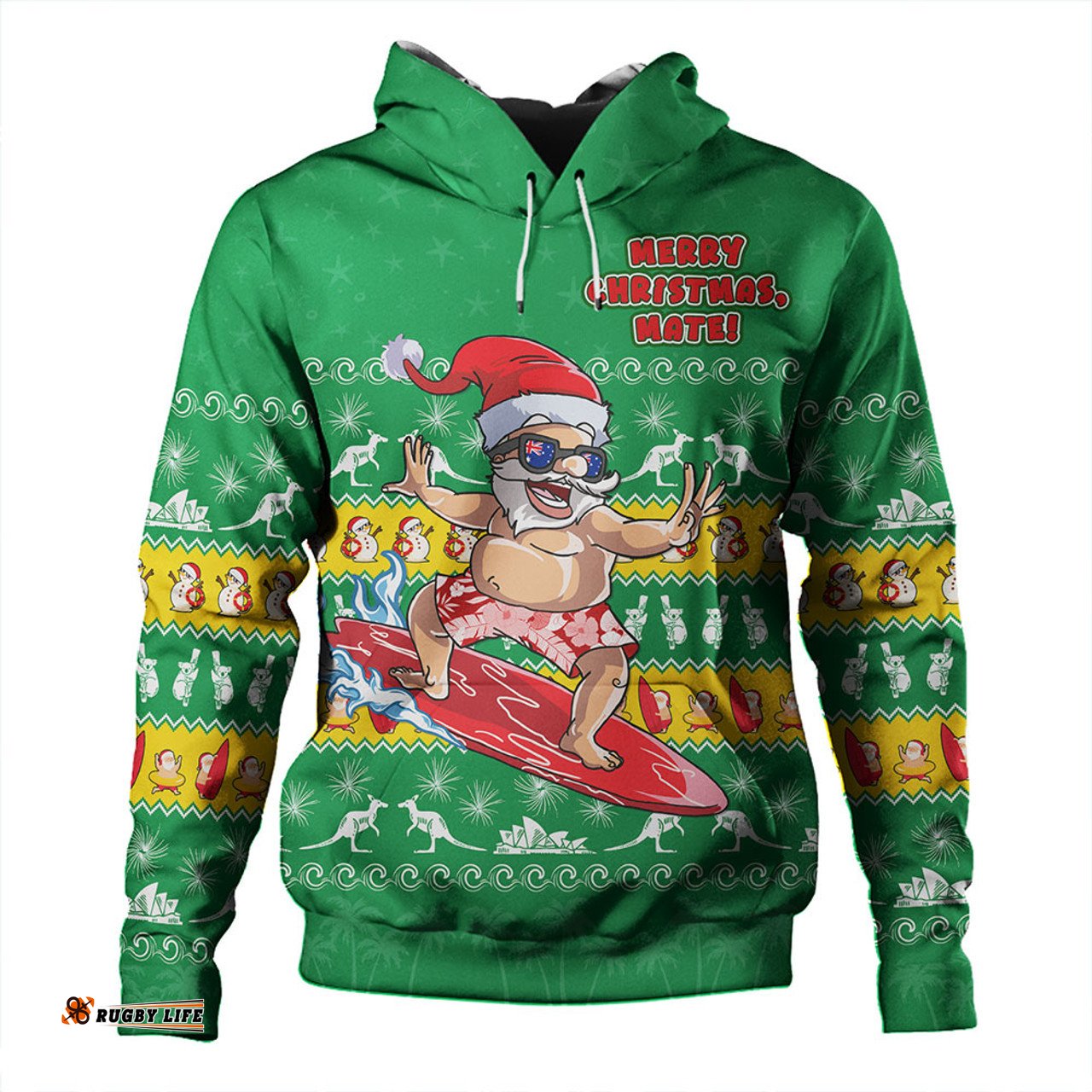 Amazing Aussie Australia Merry Christmas Mate Surf's Up Santa Green Hoodie