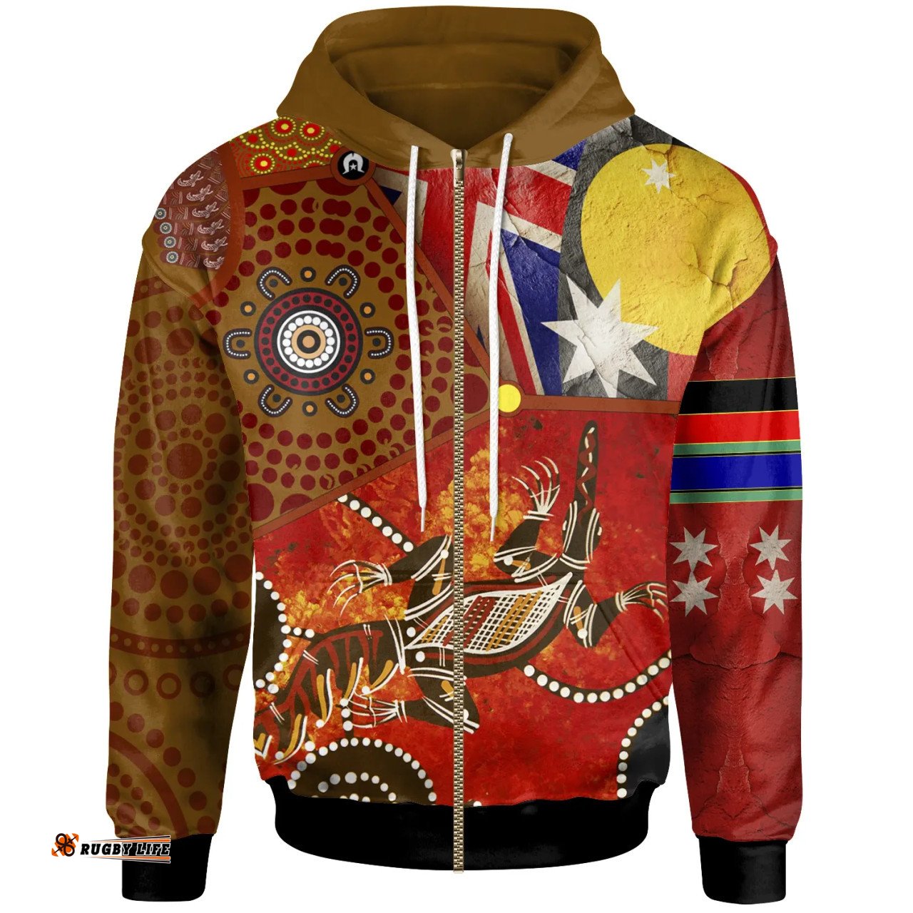 Amazing Aussie Australia Aboriginal Inspired Zip up Aboriginal Inspired Dot Pattern & Flags, Crocodile Hoodie
