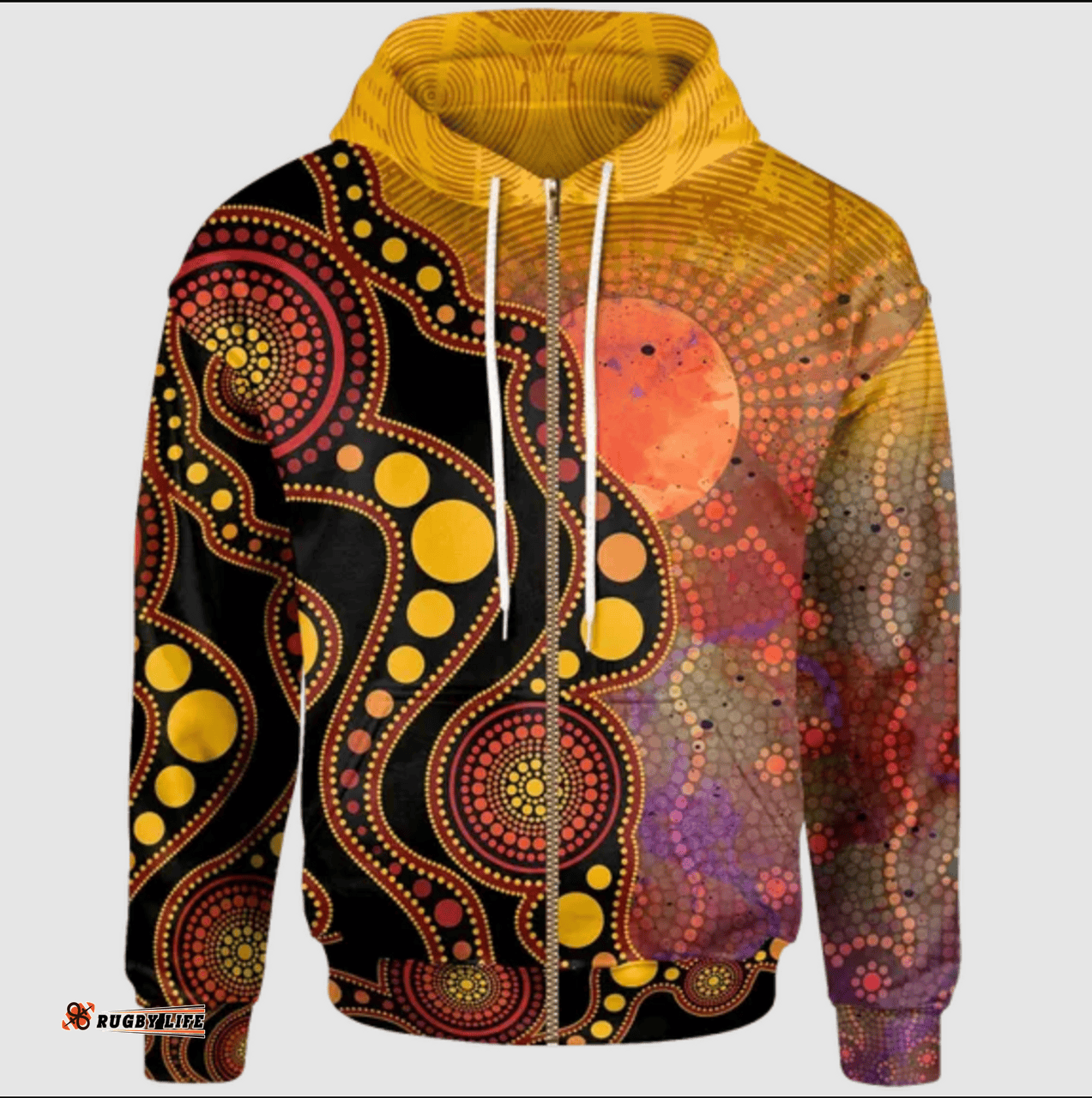 Amazing Aussie Australia Aboriginal Inspired Zip up Australia Indigenous Flag Circle Dot Painting Art (Golden) Hoodie
