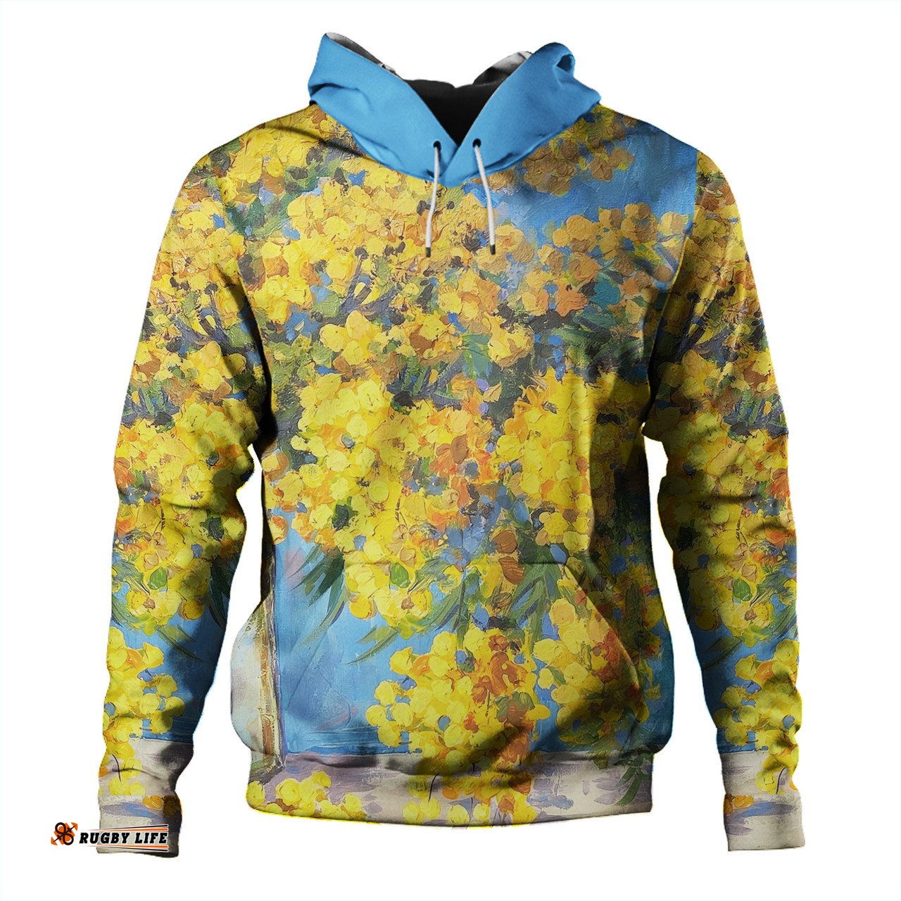 Amazing Aussie Australia Golden Wattle Golden Wattle Bouquet Blue Background Oil Painting Art Hoodie