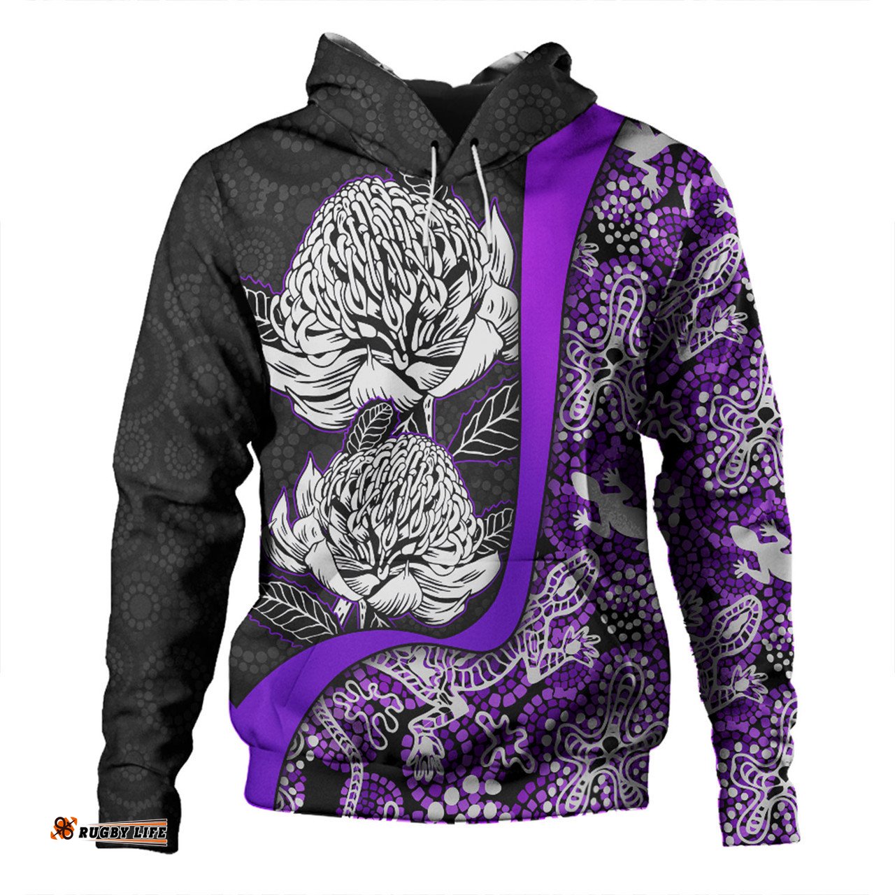 Amazing Aussie Australia Warratah Goanna Aboriginal Waratah Flowers With Purple Lizards, Stones, Sand Dot Art Painting Inspired Hoodie