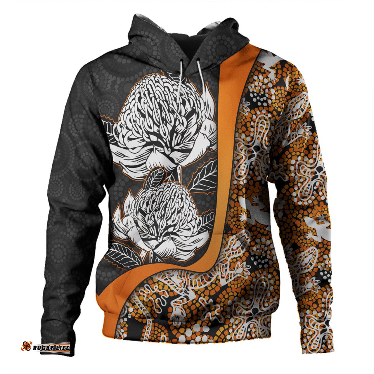 Amazing Aussie Australia Warratah Goanna Aboriginal Waratah Flowers With Orange Lizards, Stones, Sand Dot Art Painting Inspired Hoodie
