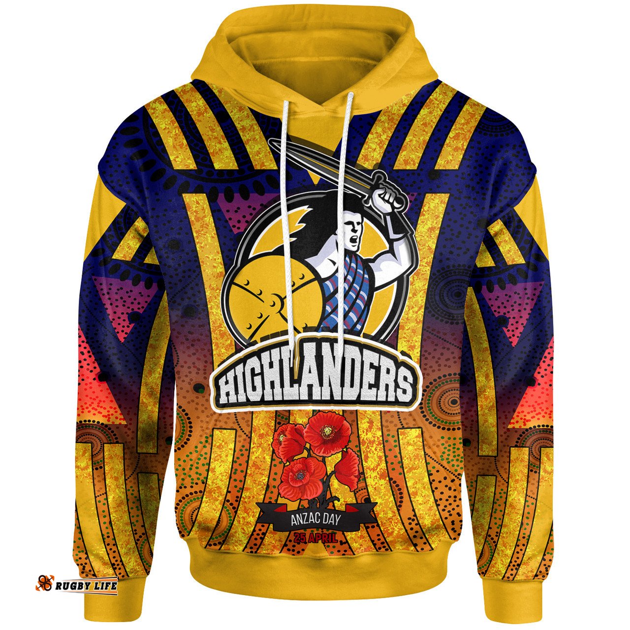 Amazing Aussie Otago Highlanders Rugby Aboriginal Inspired Anzac Day Otago Highlanders With Poppy Flower Hoodie