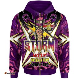 Amazing Aussie Melbourne Storm Custom Naidoc Week Melbourne Storm Hand Thunder With Aboriginal Inspired Pattern ''Get up, Stand Up, Show Up'' Hoodie