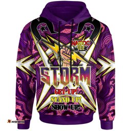 Amazing Aussie Melbourne Storm Custom Naidoc Week Melbourne Storm Hand Thunder With Aboriginal Inspired Pattern ''Get up, Stand Up, Show Up'' Hoodie
