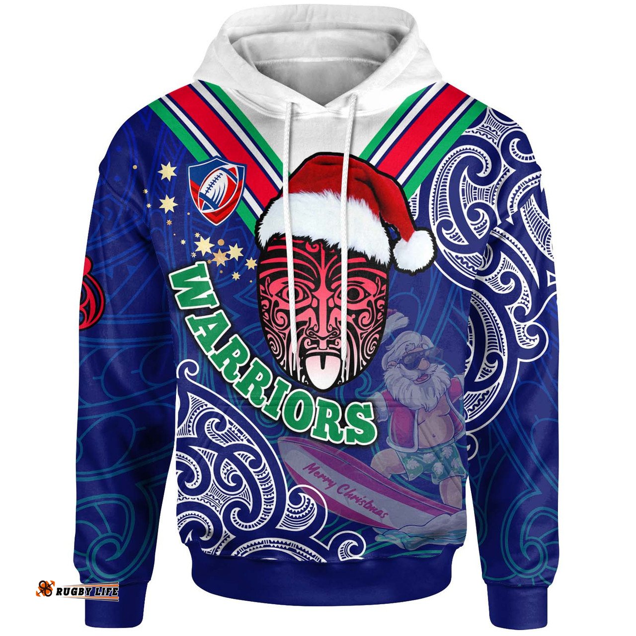 Amazing Aussie New Zealand Warriors Christmas Custom New Zealand Warriors Maori Culture Christmas Vibes with Santa Surfing Hoodie