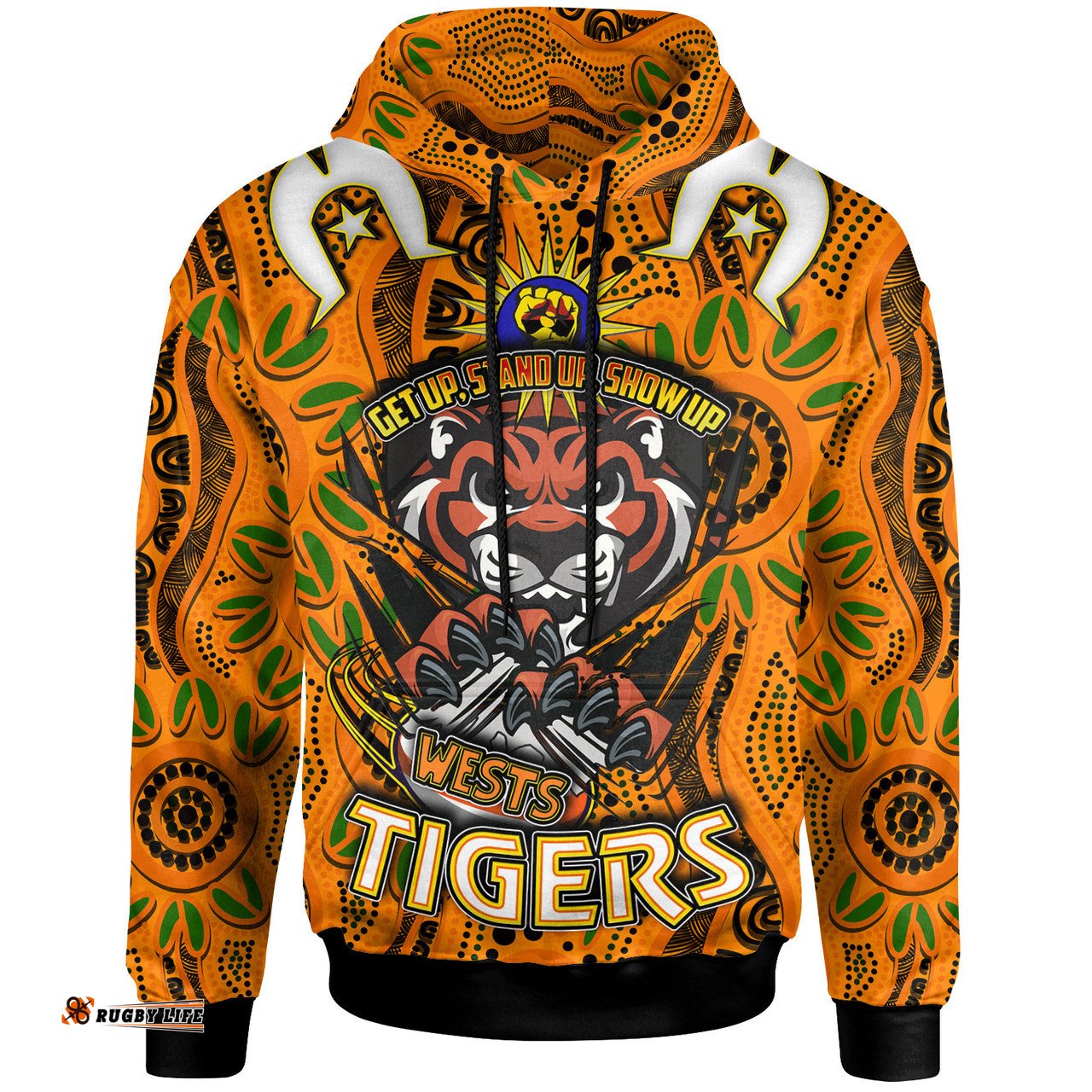 Amazing Aussie Wests Tigers Custom Naidoc Week Wests Tigers Ball Aboriginal Inspired Culture "Get Up, Stand Up, Show Up" Hoodie