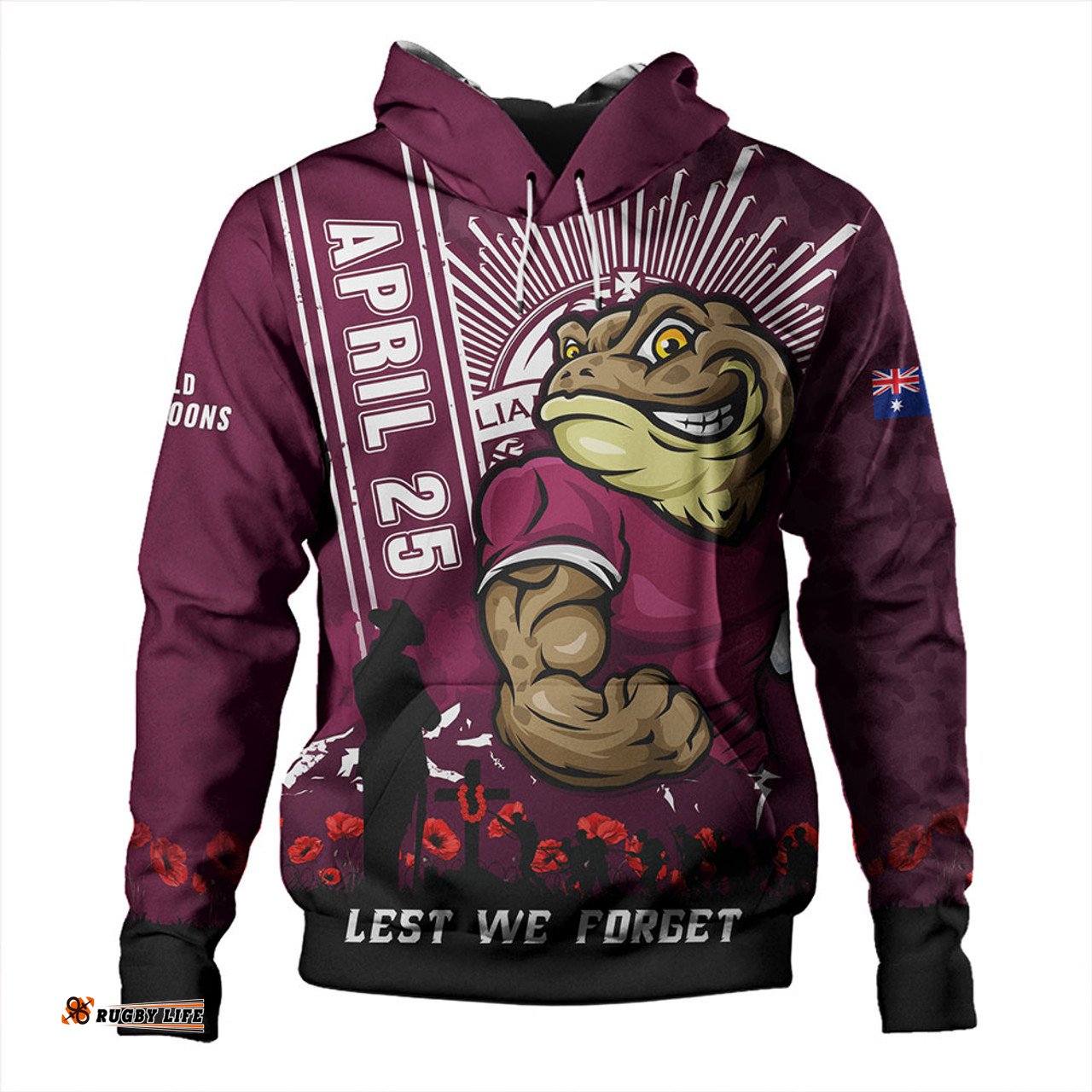 Amazing Aussie Queensland Maroons Anzac Day Lest We Forget Strong Fighting Spirit Hoodie