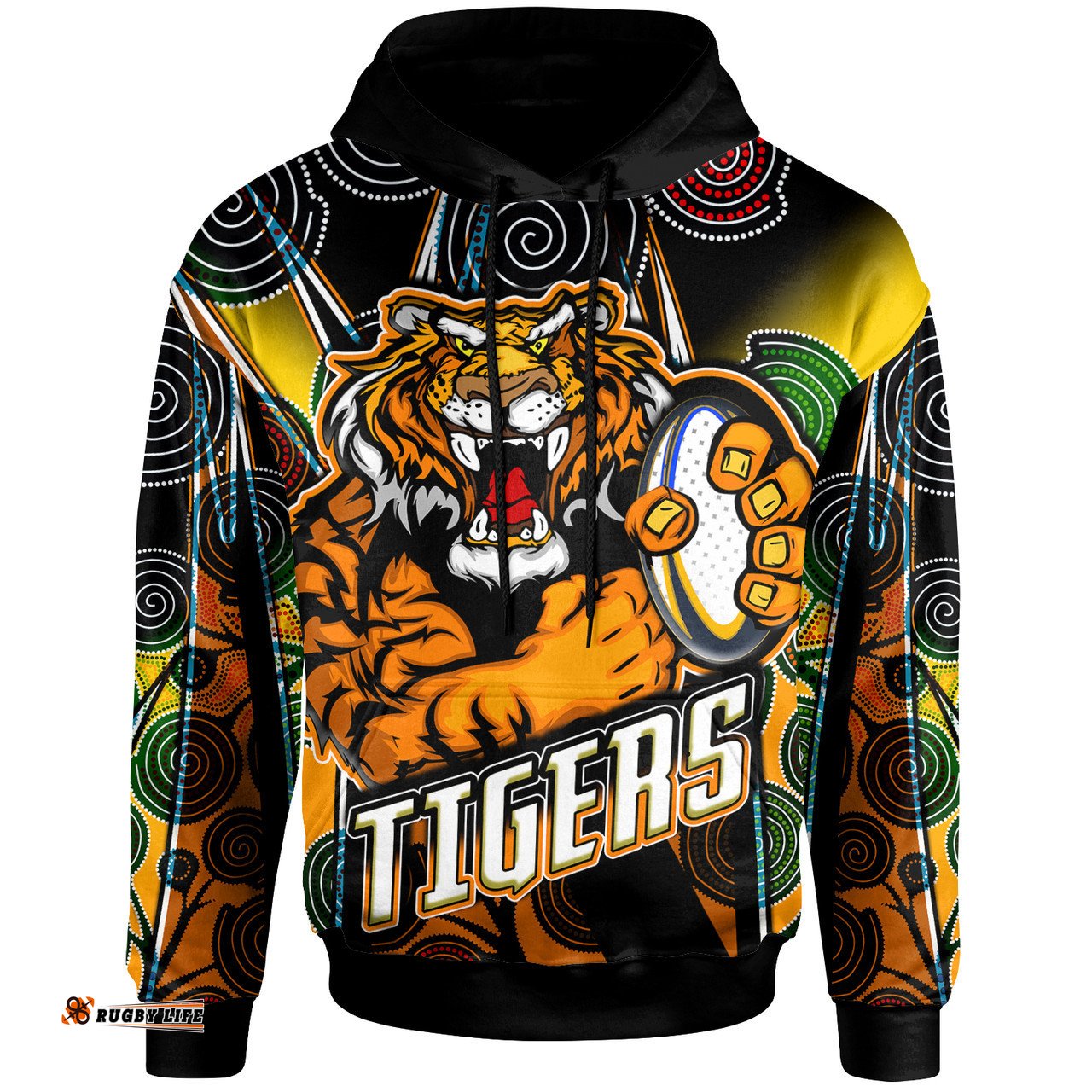 Amazing Aussie Wests Tigers Custom Tiger Ball Aboriginal Inspired Art Vector Painting Personalised Player And Number Hoodie
