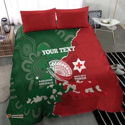 Custom Tonga And Australia Rugby Bedding Set Mate Maa Tongan Ngatu Mix Kangaroos Aboriginal