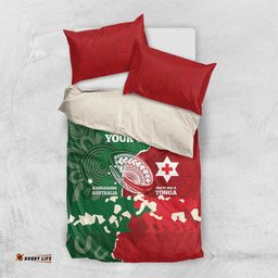 Custom Tonga And Australia Rugby Bedding Set Mate Maa Tongan Ngatu Mix Kangaroos Aboriginal
