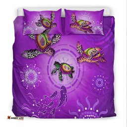 Australian Aboriginal Bedding Set Happy Turtle Family Version Purple
