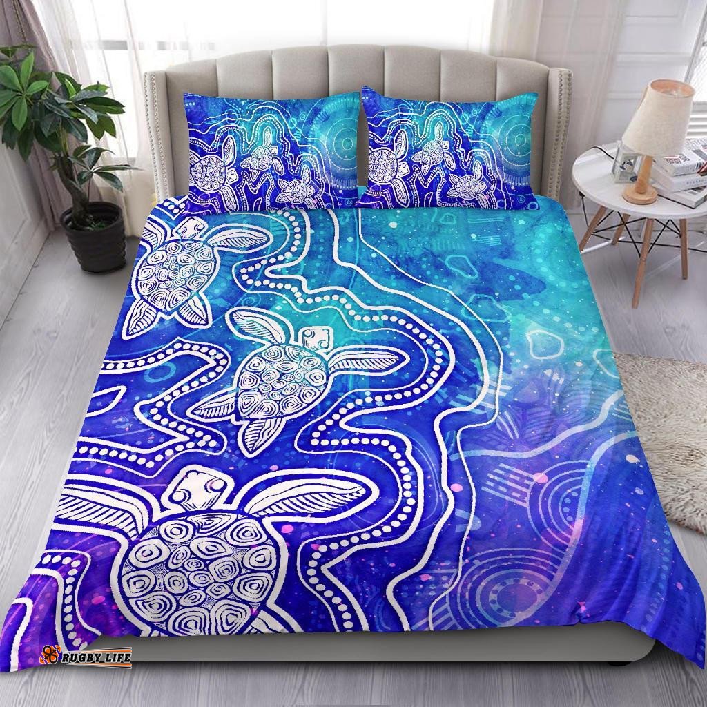 Aboriginal Bedding Set - Sea Turtle With Indigenous Patterns Blue