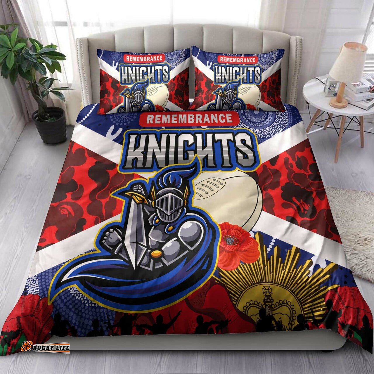 Knights Rugby Anzac Aboriginal Bedding Set - Newcastle Knights with Anzac Day Poppy Flower Bedding Set