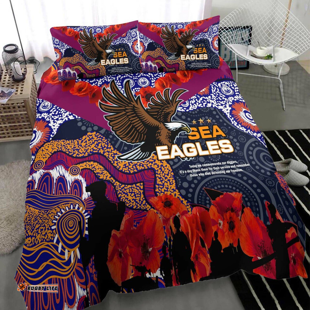 Sea Eagles Rugby Anzac Aboriginal Bedding Set - Manly Warringah Sea Eagles with Anzac Day Poppy Flower Bedding Set