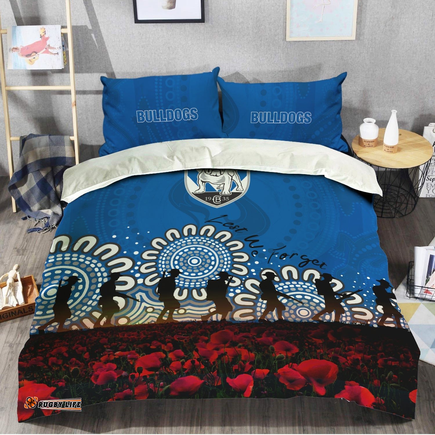 Canterbury-Bankstown Bulldogs Bedding Set Aboriginal Rugby Anzac Day Poppy With Soldiers- NRL