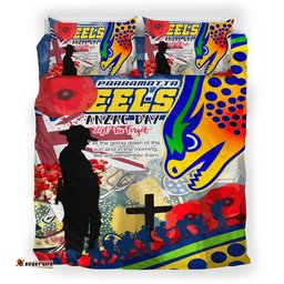 Eels Rugby Australia Anzac Day Lest We Forget Custom Bedding Set - Remembrance Eels With Anzac Poppy Watercolour Style RLT13