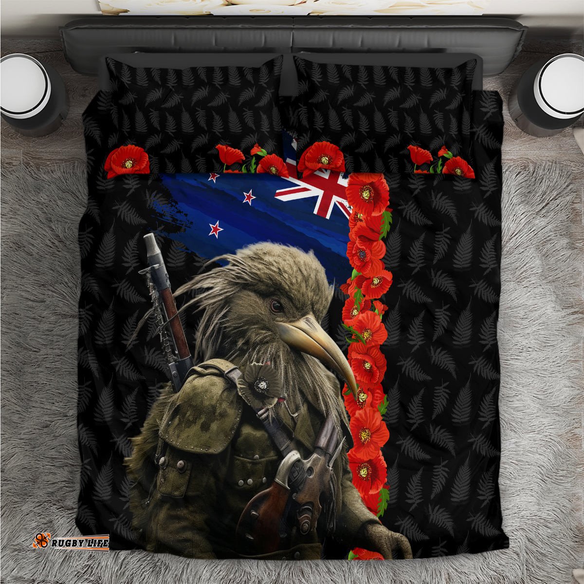 New Zealand Kiwi Soldier ANZAC Bedding Set Red Poppy Flower and Silver Fern Pattern