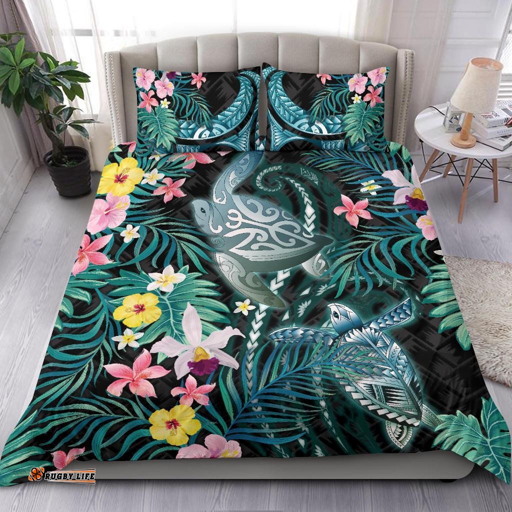 Turtles Love Bedding Set Hibiscus With Palm Leaves