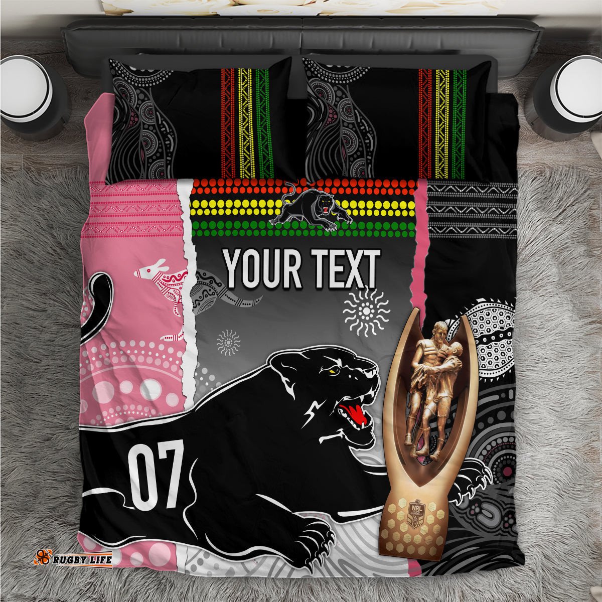 Personalised Panther Rugby NRL Premiers Bedding Set Panther Pride Black & Pink Aboriginal Mix Art