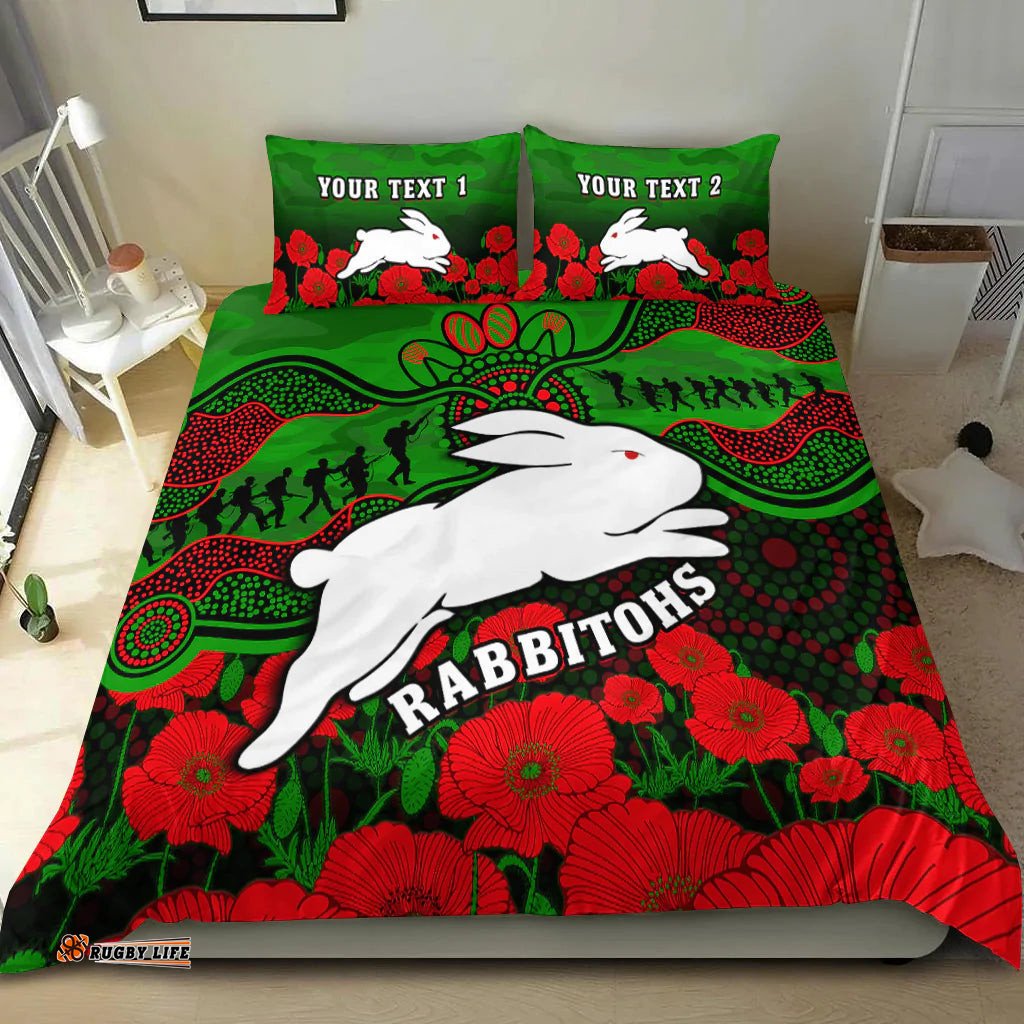 Custom Personalised Rabbitohs Rugby ANZAC Bedding Set South Sydney Camouflage Poppy Aboriginal