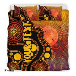 Custom Text Aboriginal Bedding Set - Australia Indigenous Flag Circle Dot Painting Art Golden