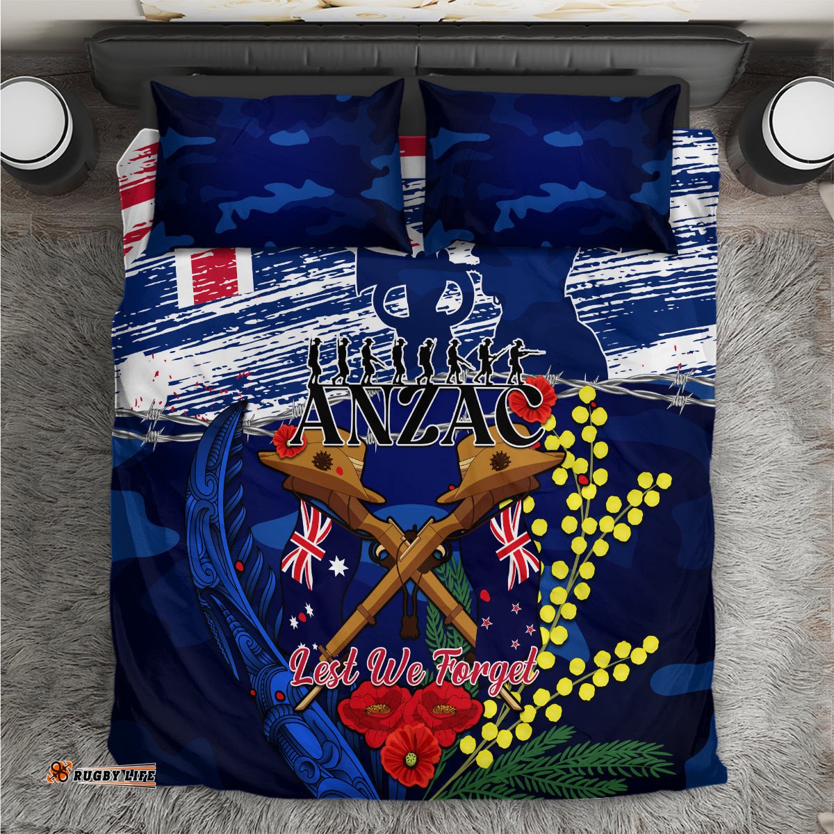Australia And New Zealand ANZAC Day Bedding Set Lest We Forget Silver Fern With Golden Wattle