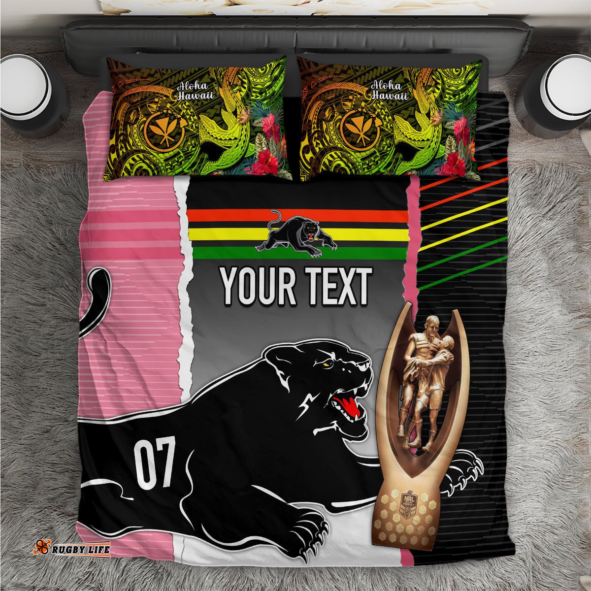 Personalised Panther Rugby NRL Premiers Bedding Set Panther Pride Black & Pink Sporty Vibe