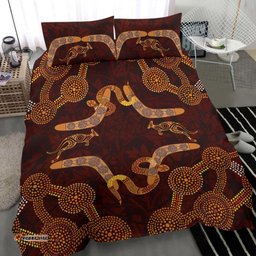 Aboriginal Bedding Set, Kangaroo, Snake And Boomerang Painting Art