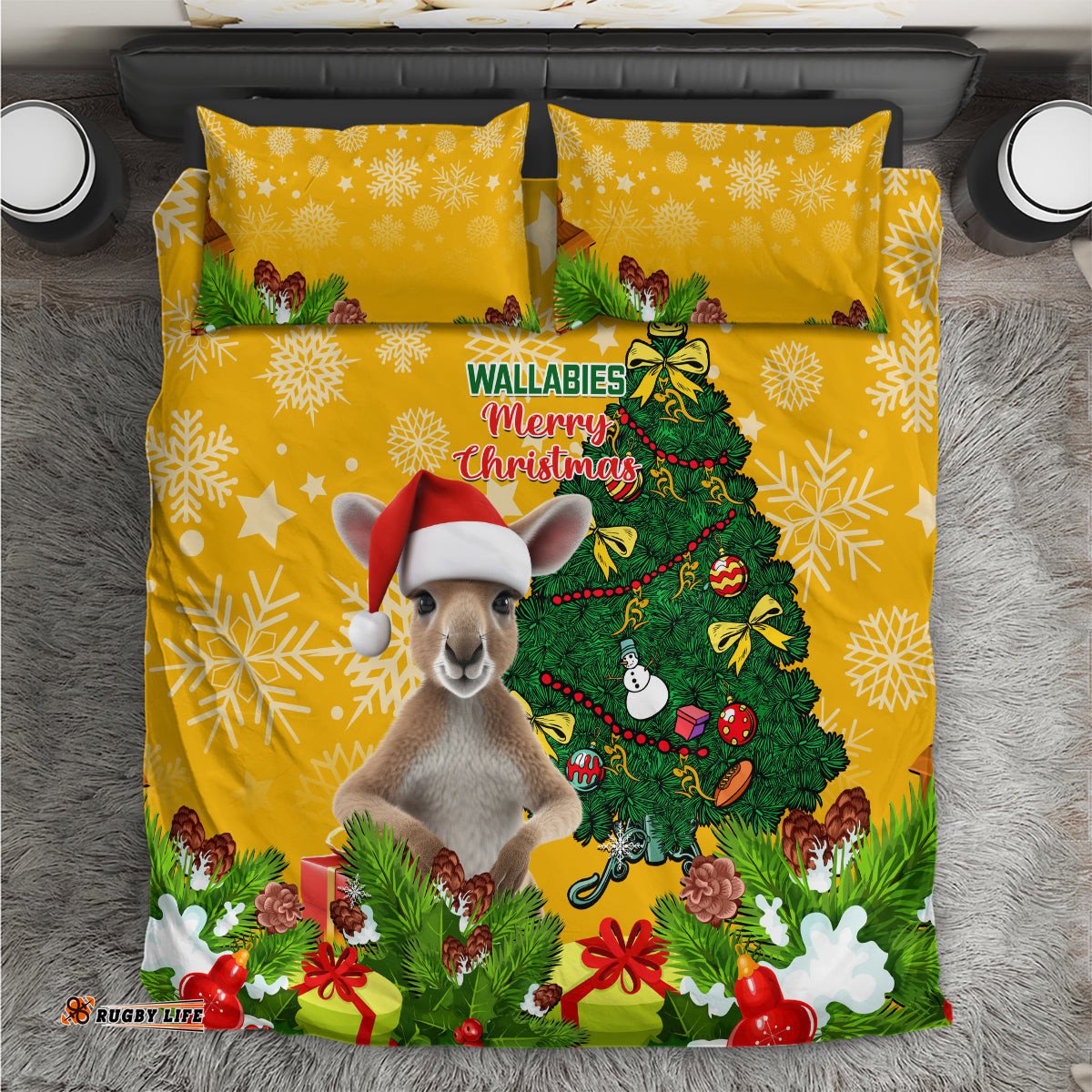 Personalised Wallabies Rugby Christmas Bedding Set Merry Xmas With Australian Kangaroo