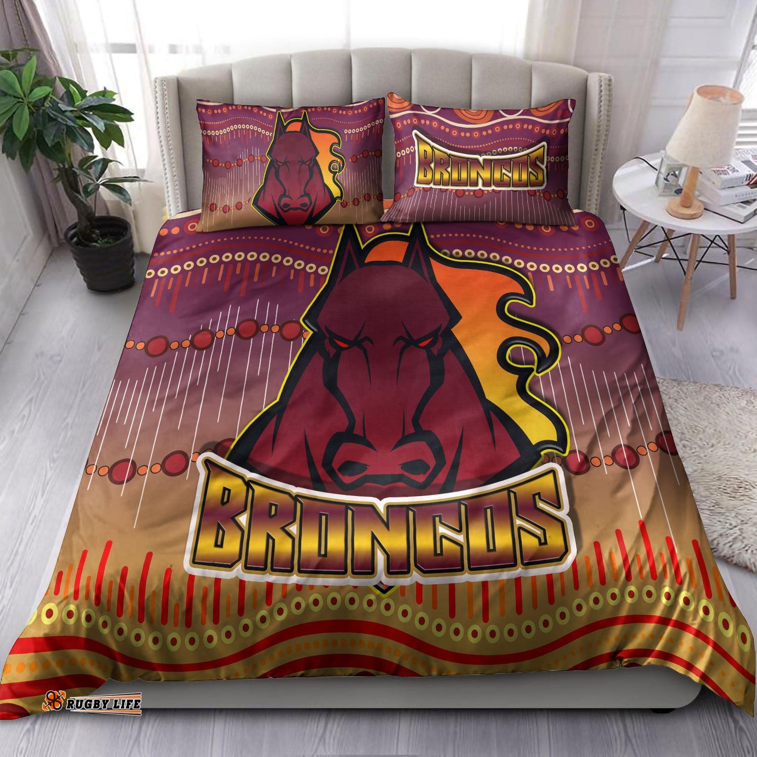 Broncos Rugby Bedding Set - Horse Aboriginal Patterns Bedding Set