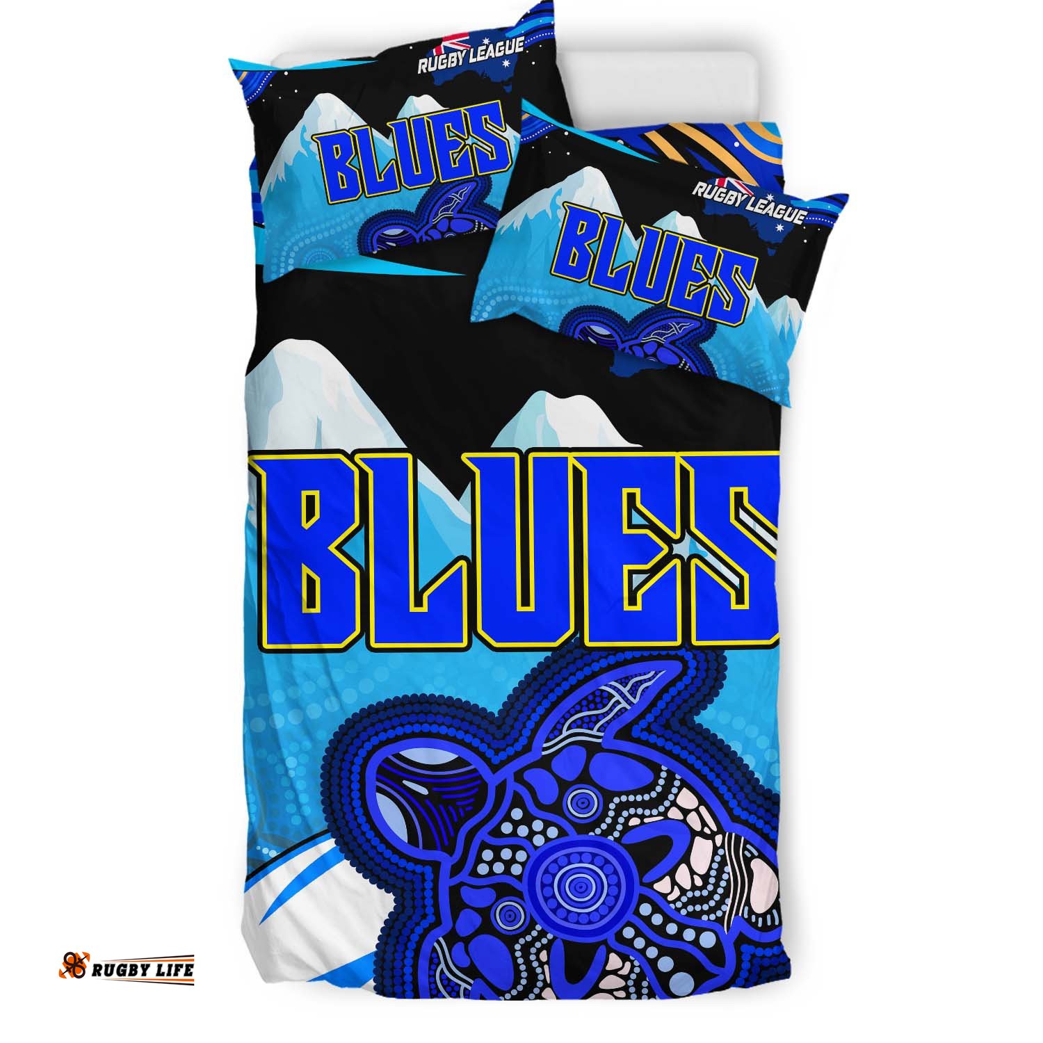 Blues Rugby Bedding Set - Blues Rugby League Turtle and Mountain Aboriginal Culture Bedding Set