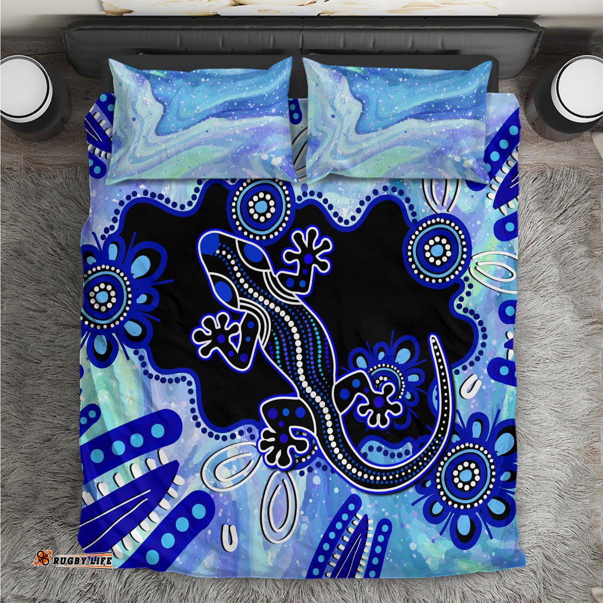 Australia Bedding Set Aussie Opal Pattern With Lizard Aboriginal Art - Turquoise