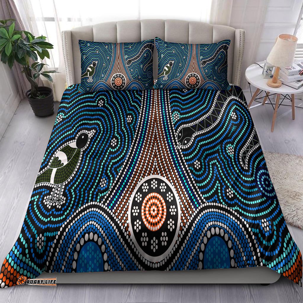 Australia Indigenous Bedding Set - Aboriginal inspired dot painting depicting Fierce Snake and Magpies