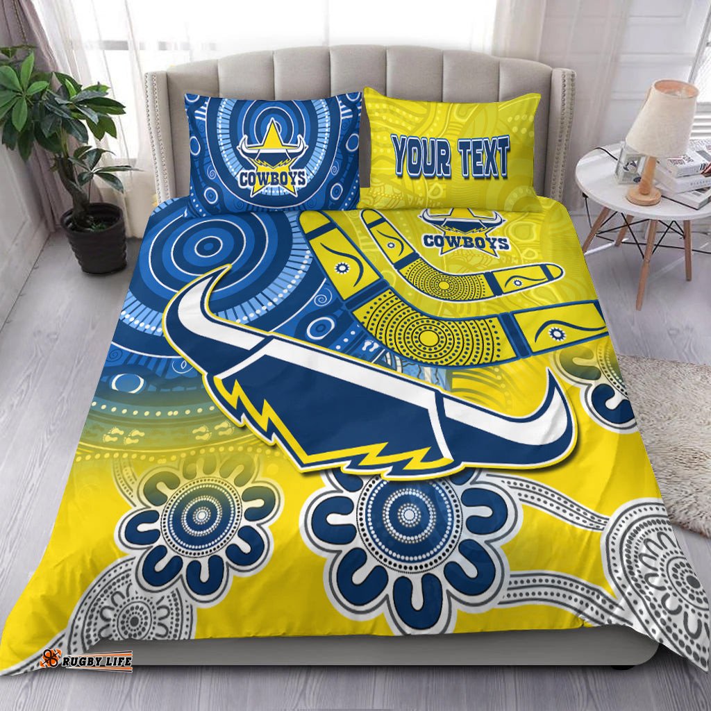 Custom Personalised Cowboys Rugby Bedding Set Aboriginal Boomerang Go Premiers North Queensland